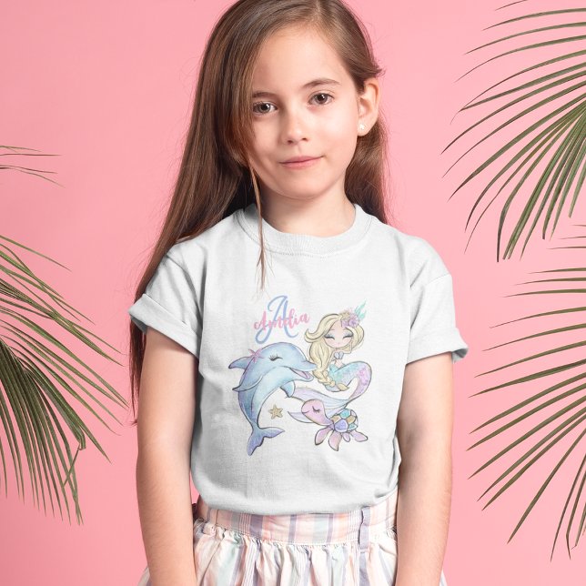 Camiseta Sereia Personalizada Crianças Nome Rapariga Rosa T (Mermaid Custom Kids Name Pink Girl T-Shirt
)