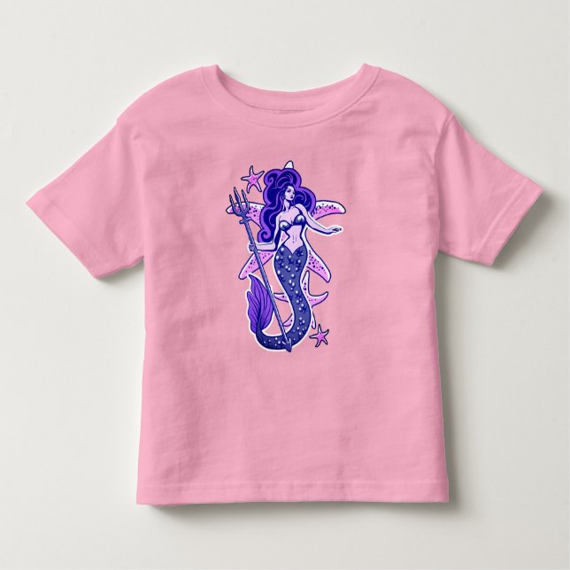Camiseta Sereia Pin-Up Retro Rosa, Roxo e Azul (Frente)