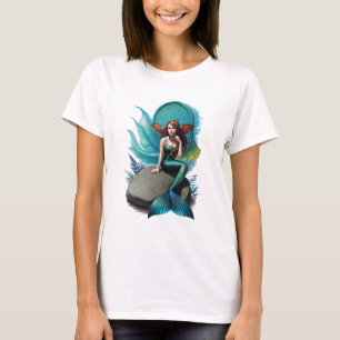 Camiseta Sereia sentada numa pedra Arte AI