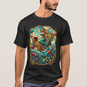 Camiseta Sereia sentada numa rocha com um tesouro aberto