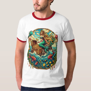 Camiseta Sereia sentada numa rocha com um tesouro aberto