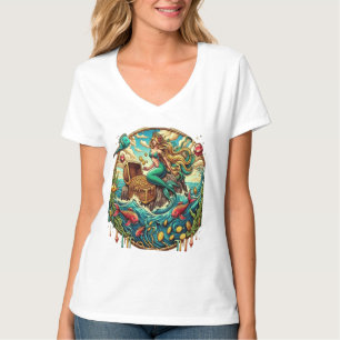Camiseta Sereia sentada numa rocha com um tesouro aberto