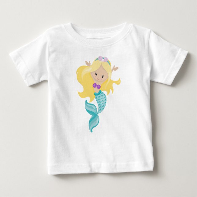 Camiseta Sereiazinha, Sereia Fofa, Cabelo Loiro, Conchas (Frente)