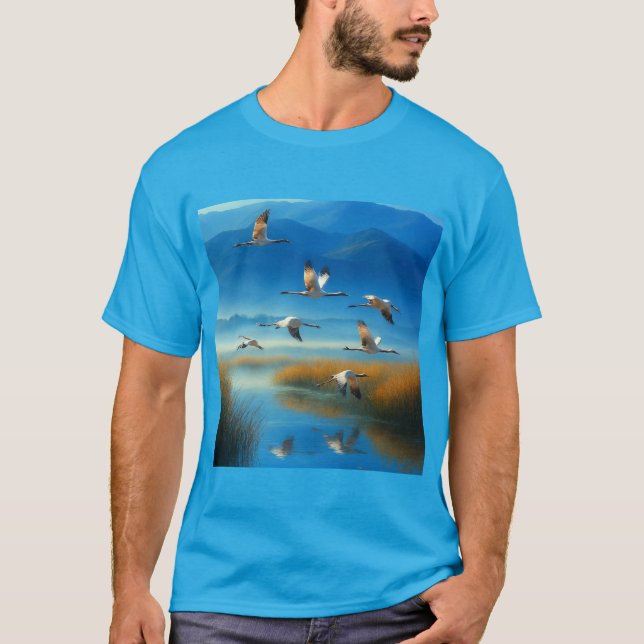 Camiseta Serena Cena do Lago da Natureza com Grou  (Frente)