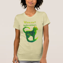Camiseta Serene Glow: Gato Artístico em Verde e Amarelo