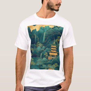 Camiseta Serene Green e Blue Mountain Watercolor Scenery