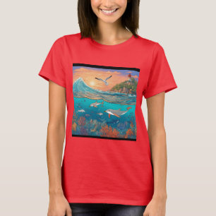 Camiseta Serene Sunset sobre Oceano com Gaivotas Aspirantes