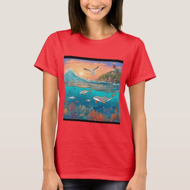 Camiseta Serene Sunset sobre Oceano com Gaivotas Aspirantes (Frente)