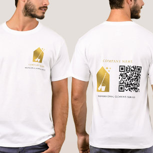 Camiseta Serviço de Limpeza Limpa Logotipo Ouro Código QR B