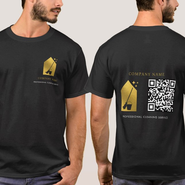 Camiseta Serviço de Limpeza Limpeza Gold Logo QR Code Preto (Cleaning Cleaner Service Gold Logo QR Code Black T-Shirt)