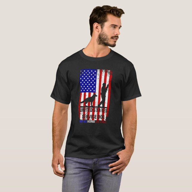 Camiseta Serviço Dog PTSD Awareness US veterano (Frente Completa)