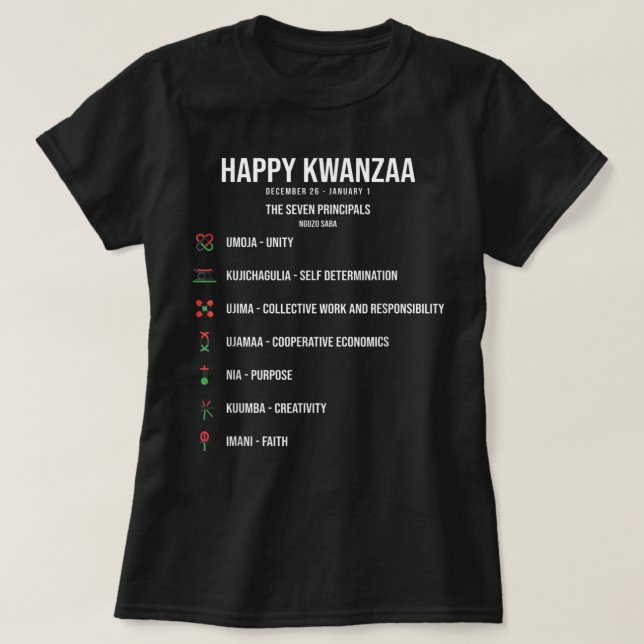 Camiseta Sete Princípios da Celebração de Kwanzaa - Happy K (Frente do Design)