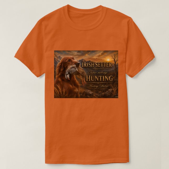 Camiseta Setter Irlandês com Perdiz Chucar ,Arte  (Frente do Design)