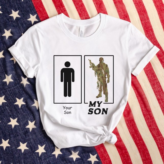 Camiseta Seu Filho Meu Filho Camo Soldier Fundido Pai Milit (Funny Your Son, My Son camo solider USA Military parent white t-shirt, Air Force Mom Dad, Army, Navy)