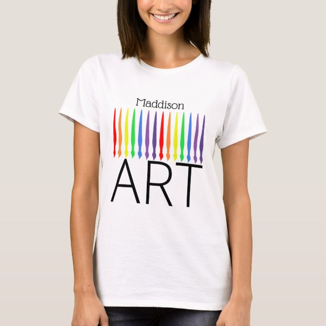 Camiseta Seu nome, pincéis de tinta arco-íris e ART (Frente)