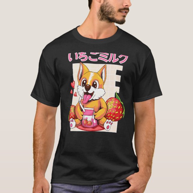 Camiseta Shake de Leite de Corgi de Morango Estética Otaku  (Frente)