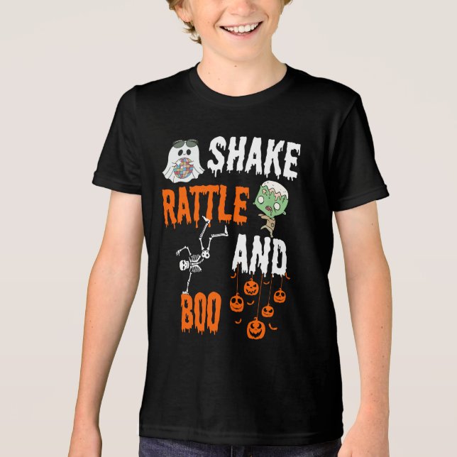 Camiseta Shake, Rattle, Boo Skeleton Zombie Diversão Hallow (Frente)