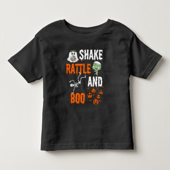 Camiseta Shake, Rattle, Boo Skeleton Zombie Diversão Hallow (Frente)