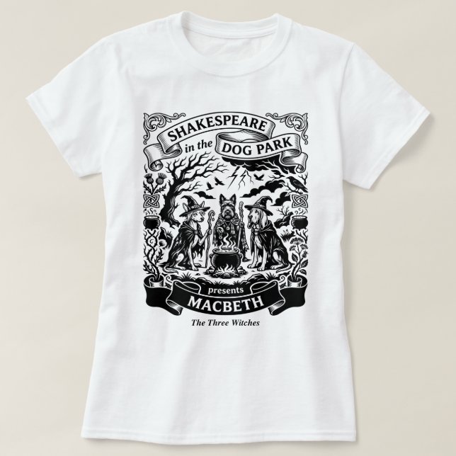 Camiseta Shakespeare no Parque dos Cães Macbeth Três Bruxas (Frente do Design)