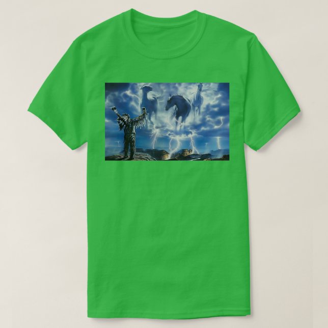 Camiseta Shaman Americano Chamando Trovão (Frente do Design)