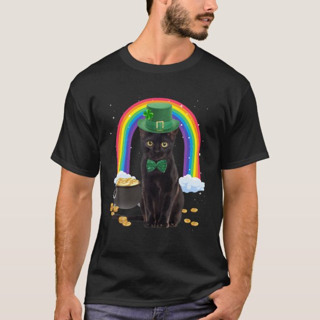 Camiseta Shamr de Dia de São Patrício de Gato Preto (Frente)