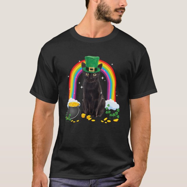 Camiseta Shamr de Dia de São Patrício de Gato Preto (Frente)