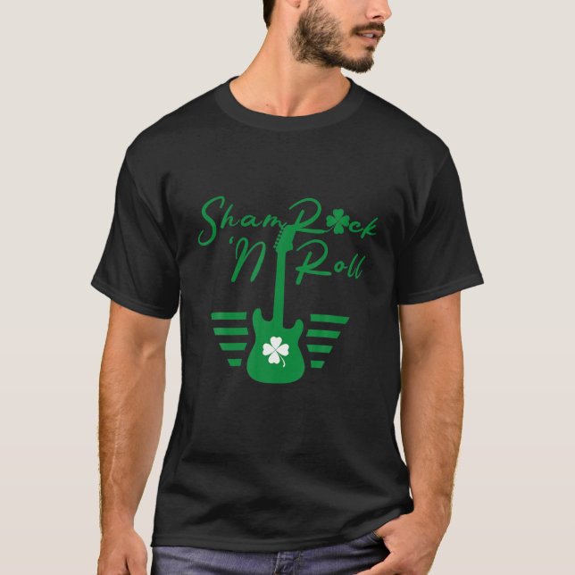 Camiseta Shamrock N Roll Guitar Dia de São Patrício Guitari (Frente)