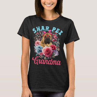 Camiseta Shar Pei Avó Laço de Cachorro Floral do Dia das Mã