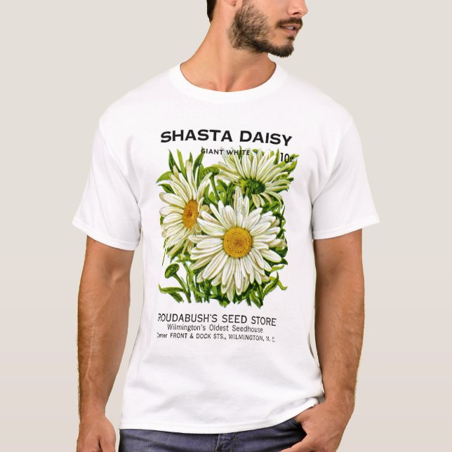 Camiseta Shasta Daisy Vintage Seed Packet (Frente)