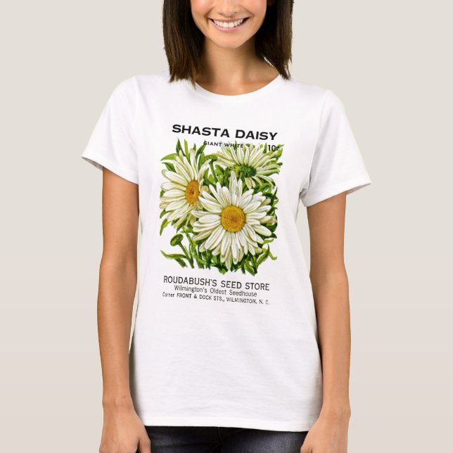 Camiseta Shasta Daisy Vintage Seed Packet (Frente)