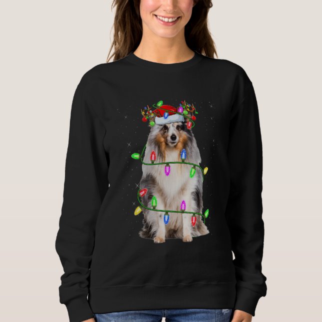 Camiseta Sheltie Árvore de Natal Luz Pijama Cachorro Natal (Frente)