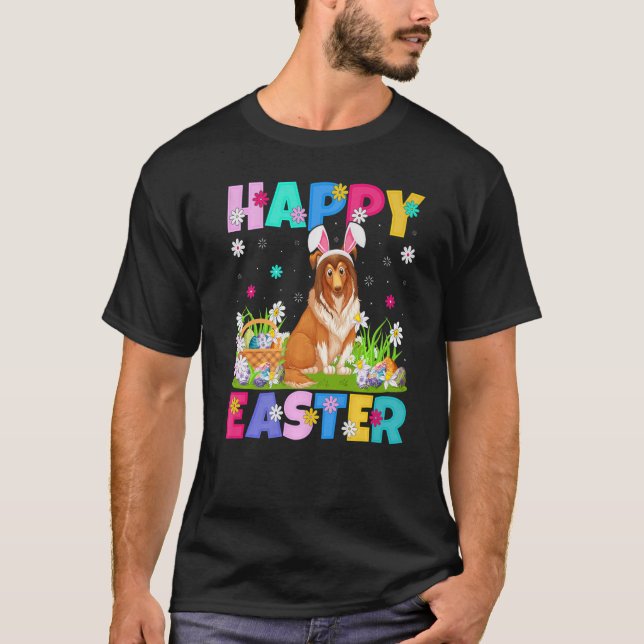 Camiseta Sheltie Dog Felz pascoa Bunny Sheltie Páscoa Sun (Frente)