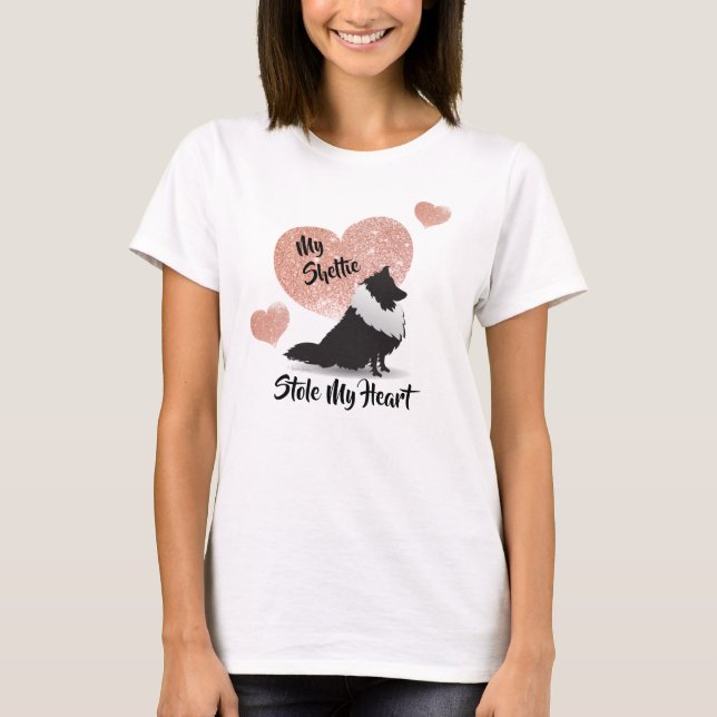 Camiseta Sheltie roubou meu coração com Rosa Dourado (Frente)