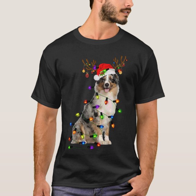 Camiseta Shepherd Reindeer australiano Luzes de Natal Funn (Frente)