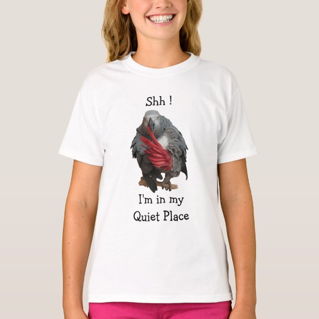 Camiseta "Shh!" "Estudo" da Cinza africana Parrot Girl (Frente)