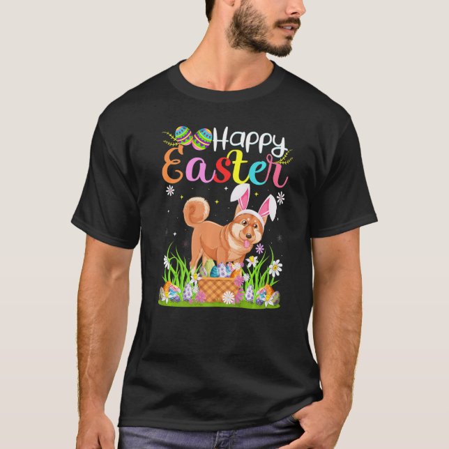 Camiseta Shiba Inu Cachorro Coelho Ovo Caçando Shiba Inu Ha (Frente)