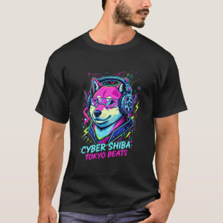 Camiseta Shiba Inu Cassette DJ - Neon Cyberpunk Tokyo