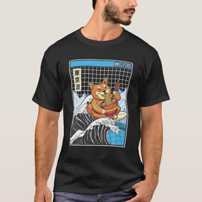 Camiseta Shiba Inu Comendo Ramen Navegando em Kanagawa no J (Frente)