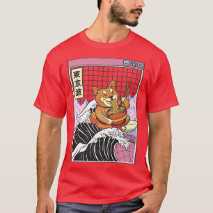 Camiseta Shiba Inu Comendo Ramen Navegando em Kanagawa no J