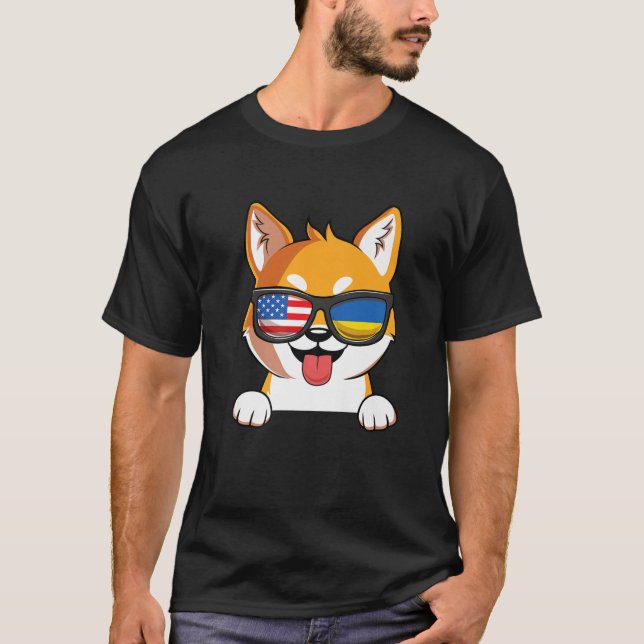 Camiseta Shiba Inu Dog Ucrânia EUA Bandeira (Frente)