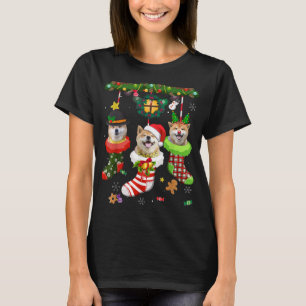 Camiseta Shiba Inu Em Meias De Natal Santa Hat Luzes De Nat