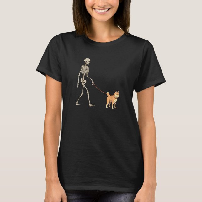 Camiseta Shiba Inu Skeleton Dog Walking Halloween Dog (Frente)