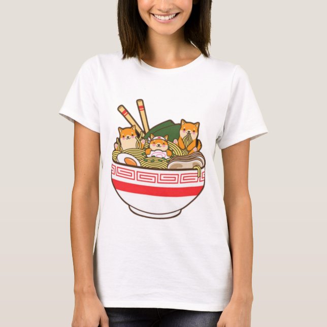 Camiseta Shibas Inu Comendo Ramen Noodles T Shirt, Kawaii (Frente)