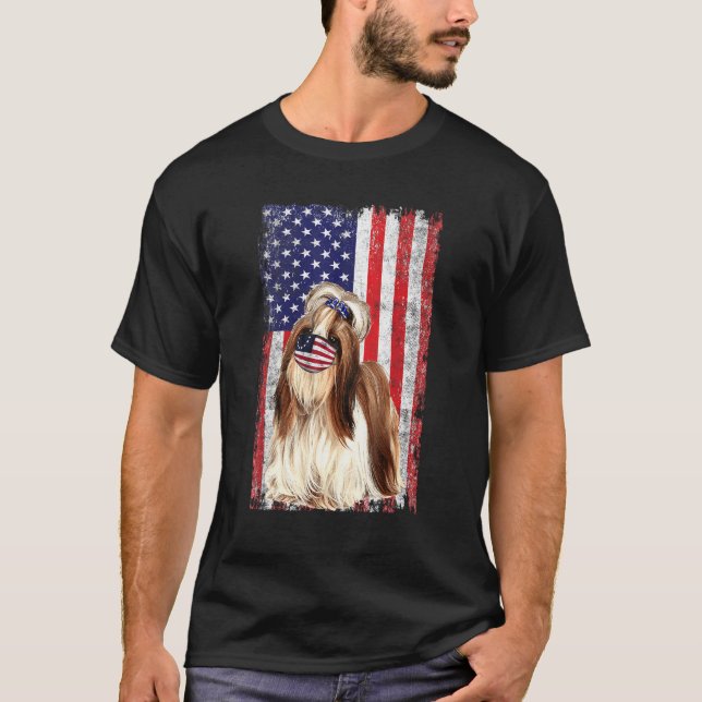 Camiseta Shih Tzu American Flag Dog Veste Face A 4ª Máscara (Frente)