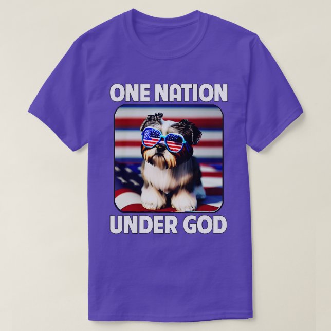 Camiseta Shih Tzu American Flag One Nation Sob Deus Patrio (Frente do Design)