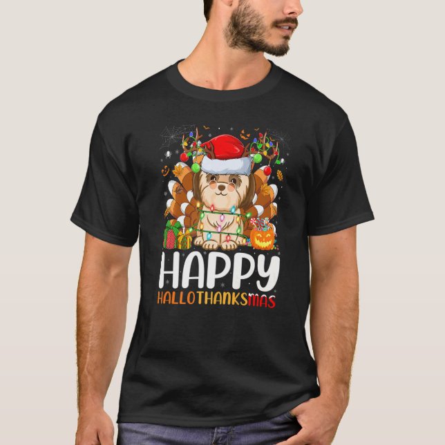 Camiseta Shih Tzu Dog Halloween Natal Feliz HalloGraças (Frente)
