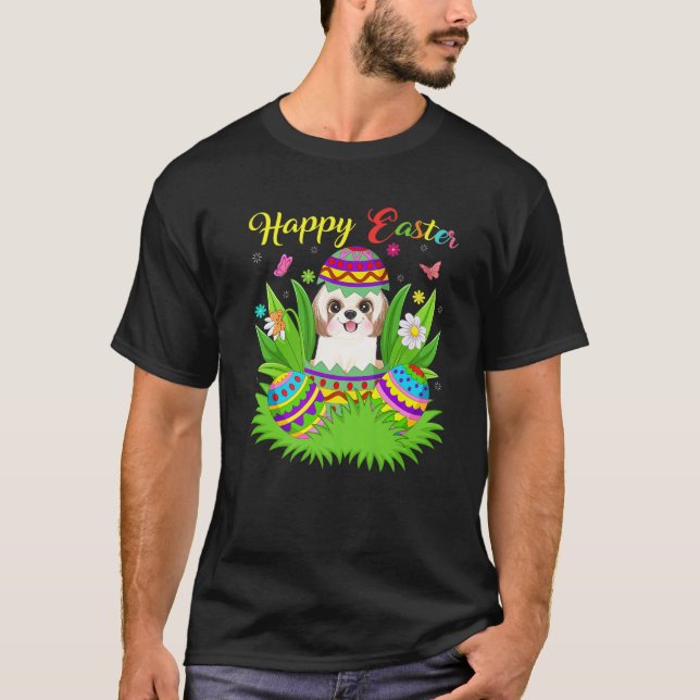 Camiseta Shih Tzu Dog Lover Páscoa Floral Ovo Funny Shih Tz (Frente)