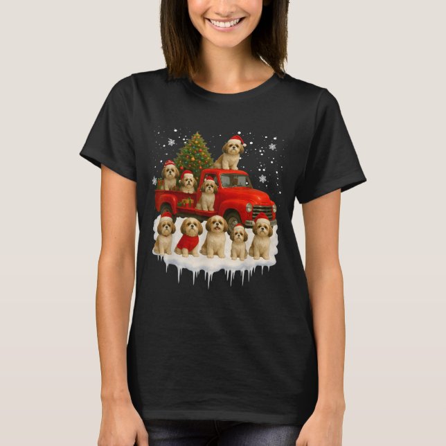 Camiseta Shih Tzu Dog Red Truck Christmas Tree Santa Ugly X (Frente)