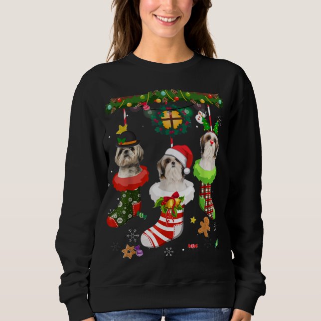 Camiseta Shih Tzu Em Meias Natal Santa Hat Luzes De Natal (Frente)
