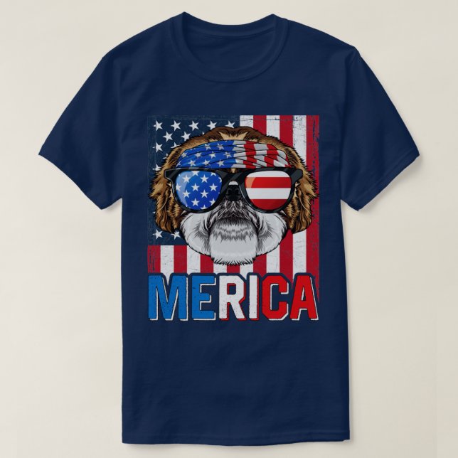 Camiseta Shih Tzu Merica 4 de julho Cão americano Puppy Pat (Frente do Design)